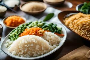 various bowls of rice and vegetables on a table. AI-Generated photo