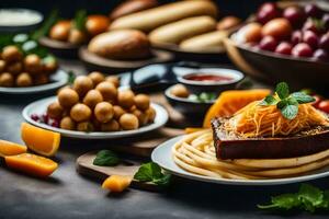 various foods on a table with bread and other foods. AI-Generated photo