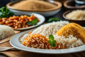 a variety of rice dishes on a wooden table. AI-Generated photo