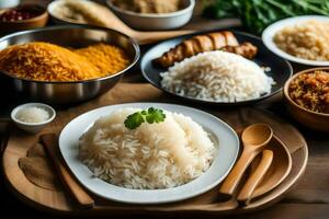 a variety of rice dishes on a wooden table. AI-Generated photo