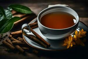 un taza de té con canela y flores generado por ai foto