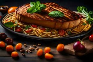grilled pork steak with spaghetti and tomatoes on a black background. AI-Generated photo