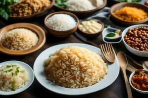 various types of rice dishes on a table. AI-Generated photo
