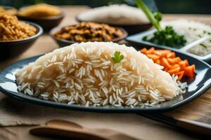 un plato de arroz con vegetales y otro platos. generado por ai foto