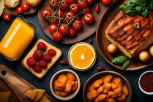 a variety of foods including bread, cheese, eggs, tomatoes, and other ingredients. AI-Generated photo