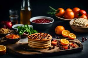 panqueques con Fruta y vegetales en un de madera tablero. generado por ai foto