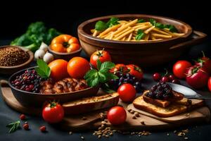 foods with vegetables, fruits and bread on a black background. AI-Generated photo