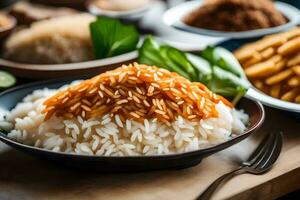 un plato de arroz con vegetales y otro alimentos generado por ai foto
