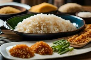 un cuenco de arroz con otro platos en un mesa. generado por ai foto