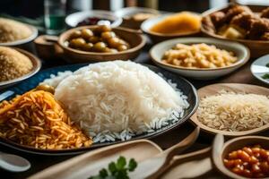 various types of rice and other foods on a table. AI-Generated photo