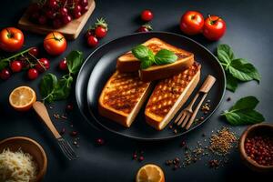 grilled cheese sandwich on a black plate with tomatoes, basil and parmesan cheese. AI-Generated photo
