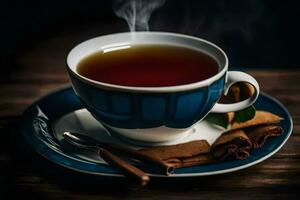 tea, cinnamon, and sugar on a wooden table. AI-Generated photo