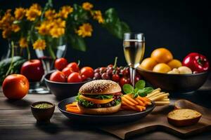 un plato de comida con un hamburguesa, vegetales y fruta. generado por ai foto