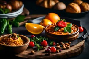 espaguetis con tomate salsa, Fresco Fruta y nueces en un de madera tablero. generado por ai foto