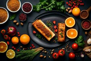 foods with spices and herbs on a black background. AI-Generated photo