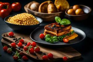 comidas en un mesa con un plato de alimento. generado por ai foto