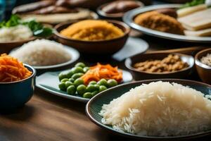 various types of rice and vegetables in bowls. AI-Generated photo