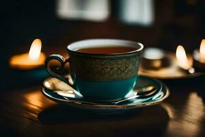 a cup of tea on a wooden table. AI-Generated photo