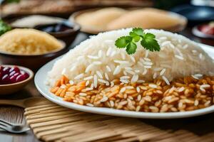 a plate of rice with vegetables and spices. AI-Generated photo