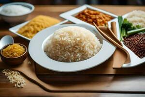 a table with rice, chopsticks and other dishes. AI-Generated photo