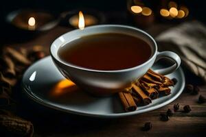 canela té con canela palos y un taza de té en un de madera mesa. generado por ai foto