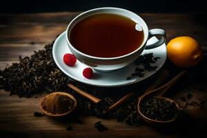 a cup of tea with a lemon and cinnamon on a wooden table. AI-Generated photo