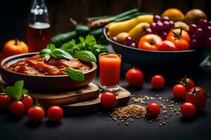 the food is served in a bowl with tomatoes, peppers, and other vegetables. AI-Generated photo