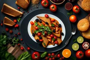 a plate of food with vegetables and bread. AI-Generated photo
