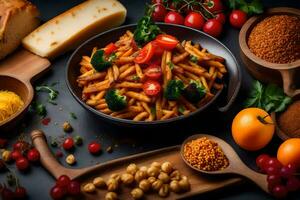 pasta with vegetables and spices on a black background. AI-Generated photo