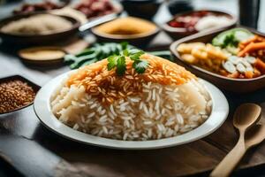 a plate of rice with vegetables and spices. AI-Generated photo