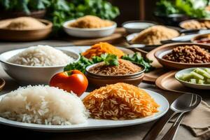 un mesa con muchos diferente tipos de arroz. generado por ai foto
