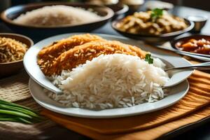 un mesa con arroz, vegetales y otro platos. generado por ai foto