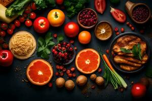 various fruits and vegetables are arranged on a black background. AI-Generated photo