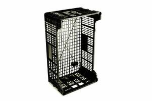 a black plastic cage with a wire basket photo
