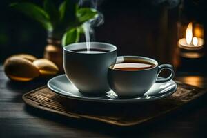 two cups of coffee on a wooden table. AI-Generated photo