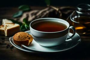 a cup of tea and a biscuit on a wooden table. AI-Generated photo