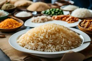 various types of rice are arranged on a table. AI-Generated photo