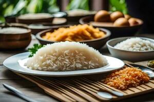 varios tipos de arroz y otro comidas en un mesa. generado por ai foto