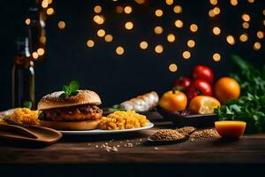 a burger with rice and vegetables on a wooden table. AI-Generated photo