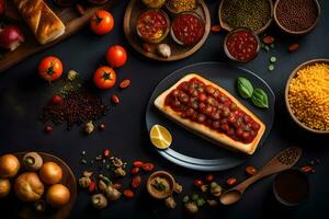 a pizza with tomato sauce and other ingredients on a black table. AI-Generated photo