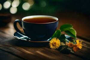 un taza de té con diente de león flores en un de madera mesa. generado por ai foto