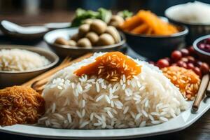 a plate of rice with different types of food. AI-Generated photo