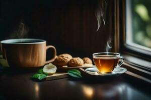 a cup of tea and cookies on a window sill. AI-Generated photo