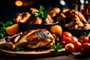 roasted chicken with vegetables and tomatoes on a wooden cutting board. AI-Generated photo