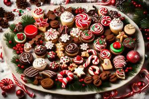 a platter of christmas cookies and candies. AI-Generated photo