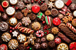 Navidad galletas en un oscuro antecedentes. generado por ai foto