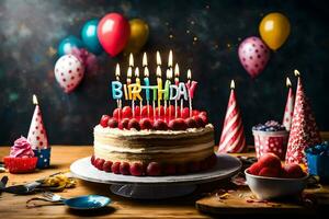 a birthday cake with candles on top and balloons. AI-Generated photo