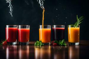 juice being poured into glasses of different colors. AI-Generated photo