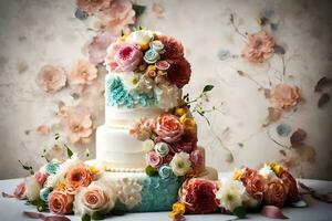 un Boda pastel con vistoso flores en cima. generado por ai foto