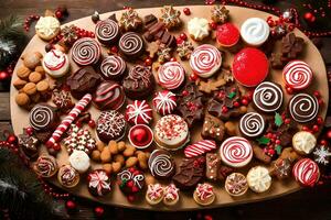 Navidad galletas y golosinas en un de madera mesa. generado por ai foto